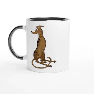 White mug with black handle, rim, and interior, with brindle greyhound illustration