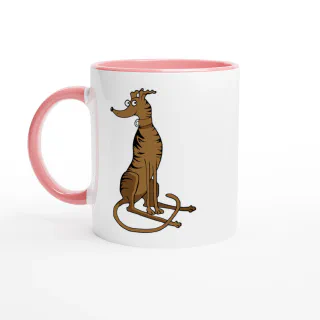 White mug with pink handle, rim, and interior, with brindle greyhound illustration