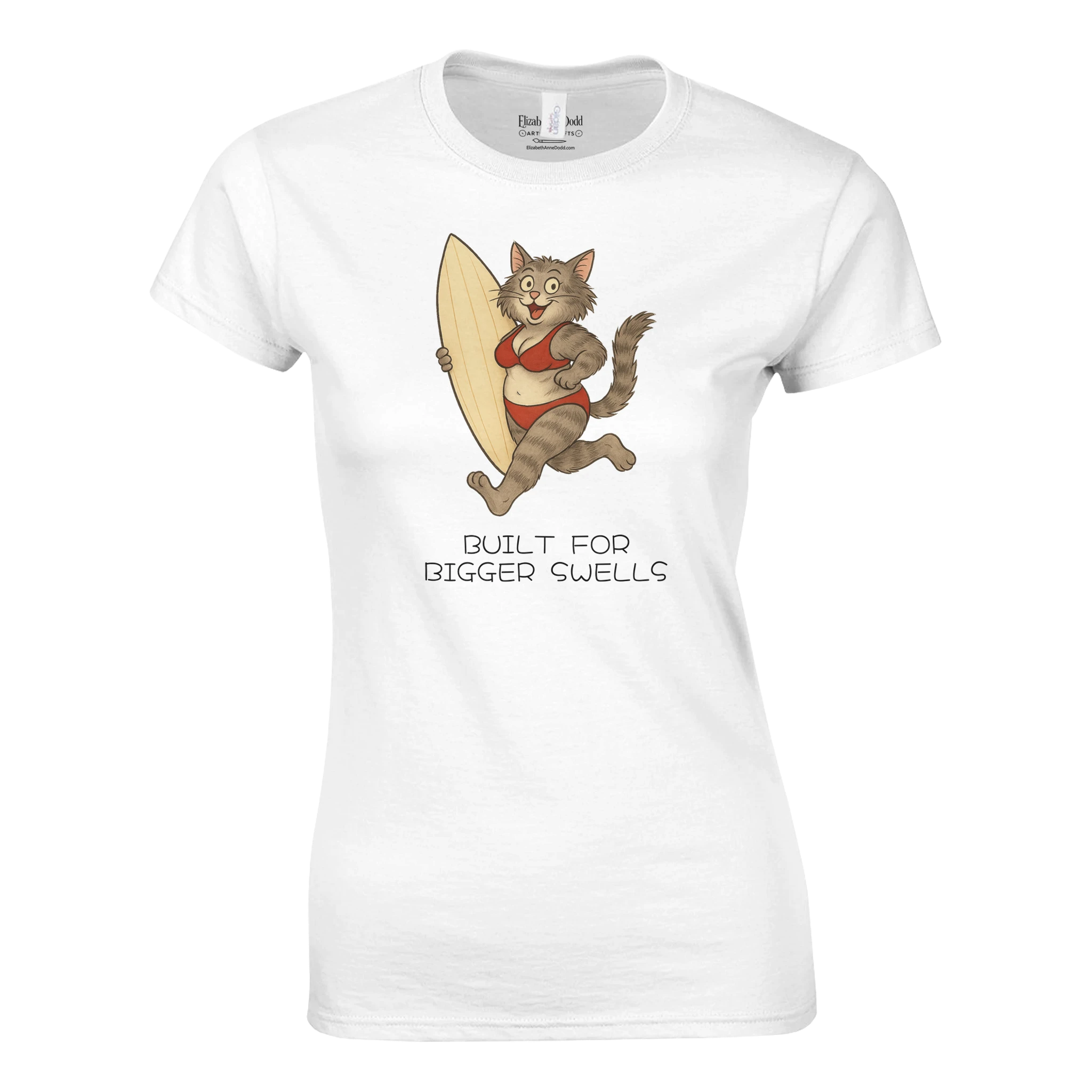 White women's crewneck T-shirt with a surfing cat illustration and Built for Bigger Swells text