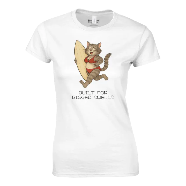 White women's crewneck T-shirt with a surfing cat illustration and Built for Bigger Swells text