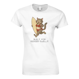 White women's crewneck T-shirt with a surfing cat illustration and Built for Bigger Swells text