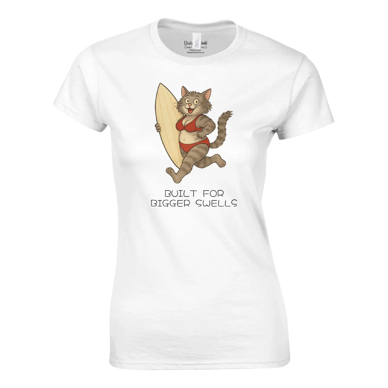 White women's crewneck T-shirt with a surfing cat illustration and Built for Bigger Swells text