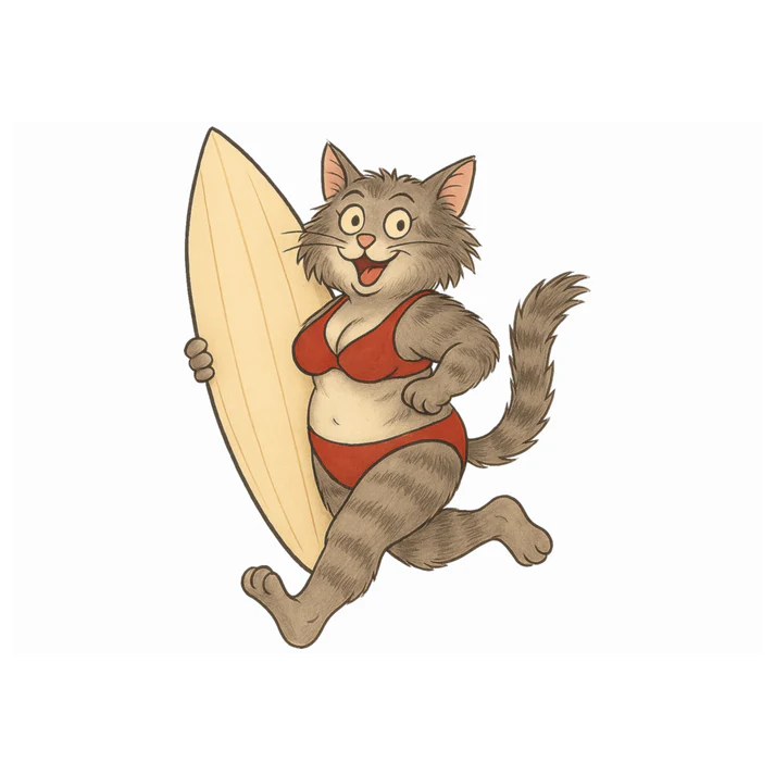 Illustration of a cat in a red bikini holding a surfboard