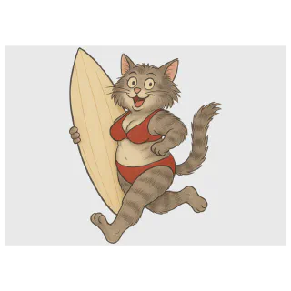 Illustration of a cat in a red bikini holding a surfboard