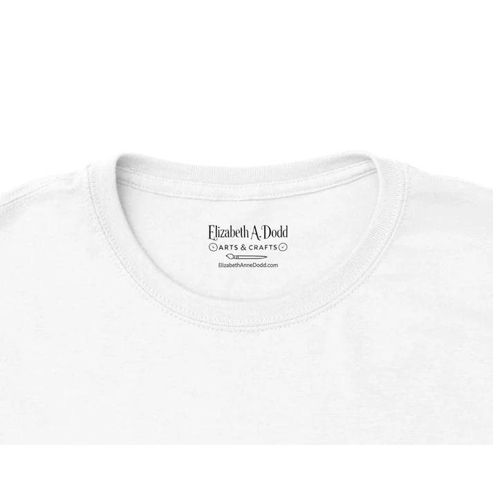 Close-up of the neckline and inner printed label on a white crewneck T-shirt