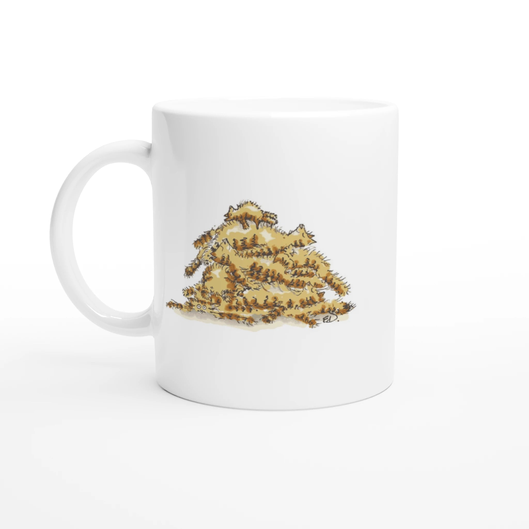 White mug with an illustration of a pile of cats