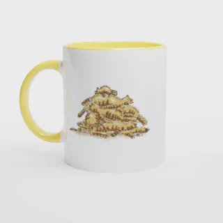 White mug with a pile of cats illustration and yellow handle and interior
