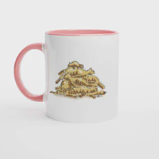 White mug with a pile of cats illustration and pink handle and interior