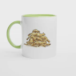 White mug with a pile of cats illustration and green handle and interior