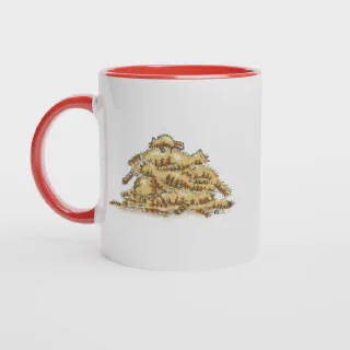 White mug with a pile of cats illustration and red handle and interior