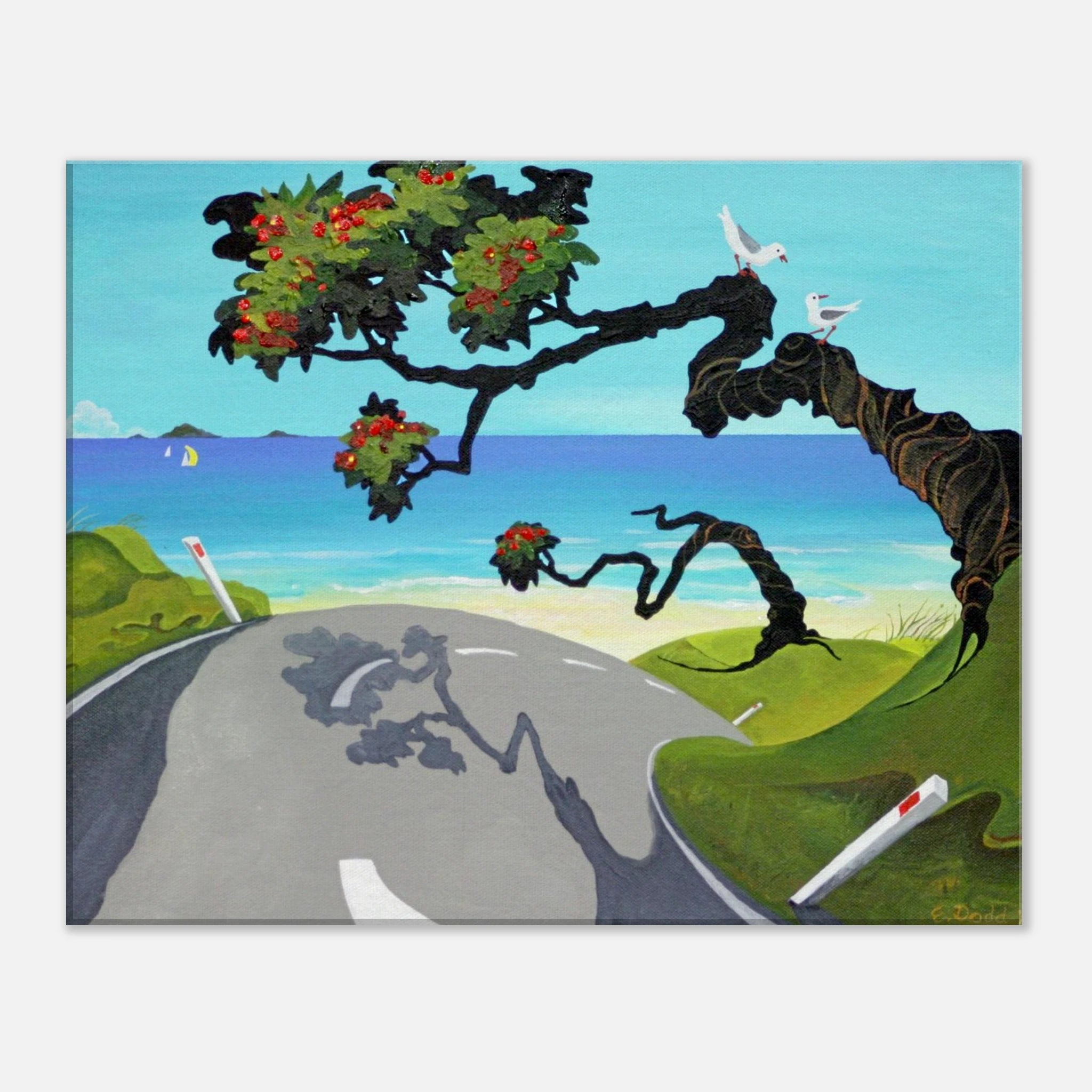 Angled view of square canvas print showing a winding road, blue sea, flowering tree, and two white birds