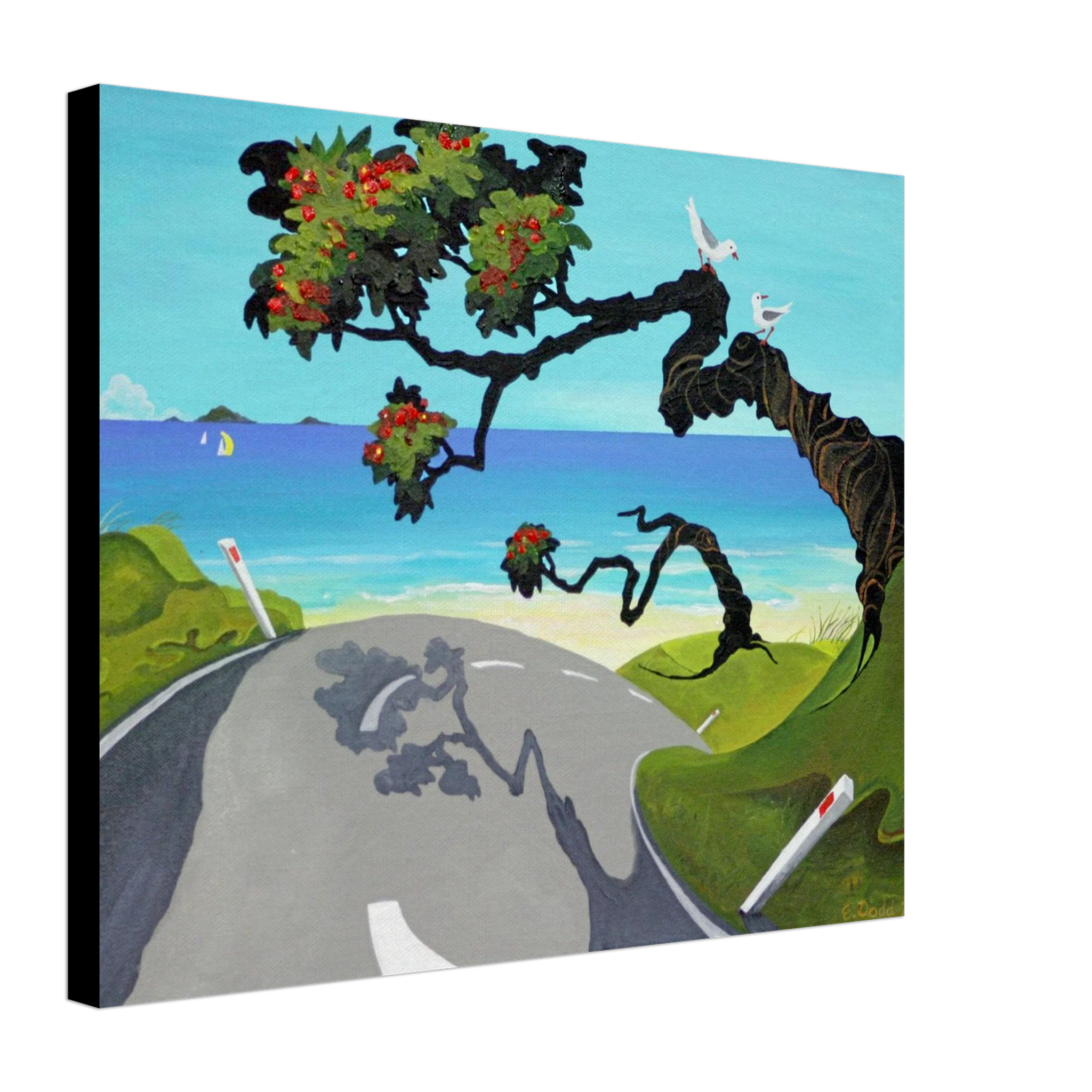 Front view of square canvas print showing a winding road, blue sea, flowering tree, and two white birds