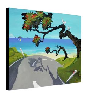 Front view of square canvas print showing a winding road, blue sea, flowering tree, and two white birds