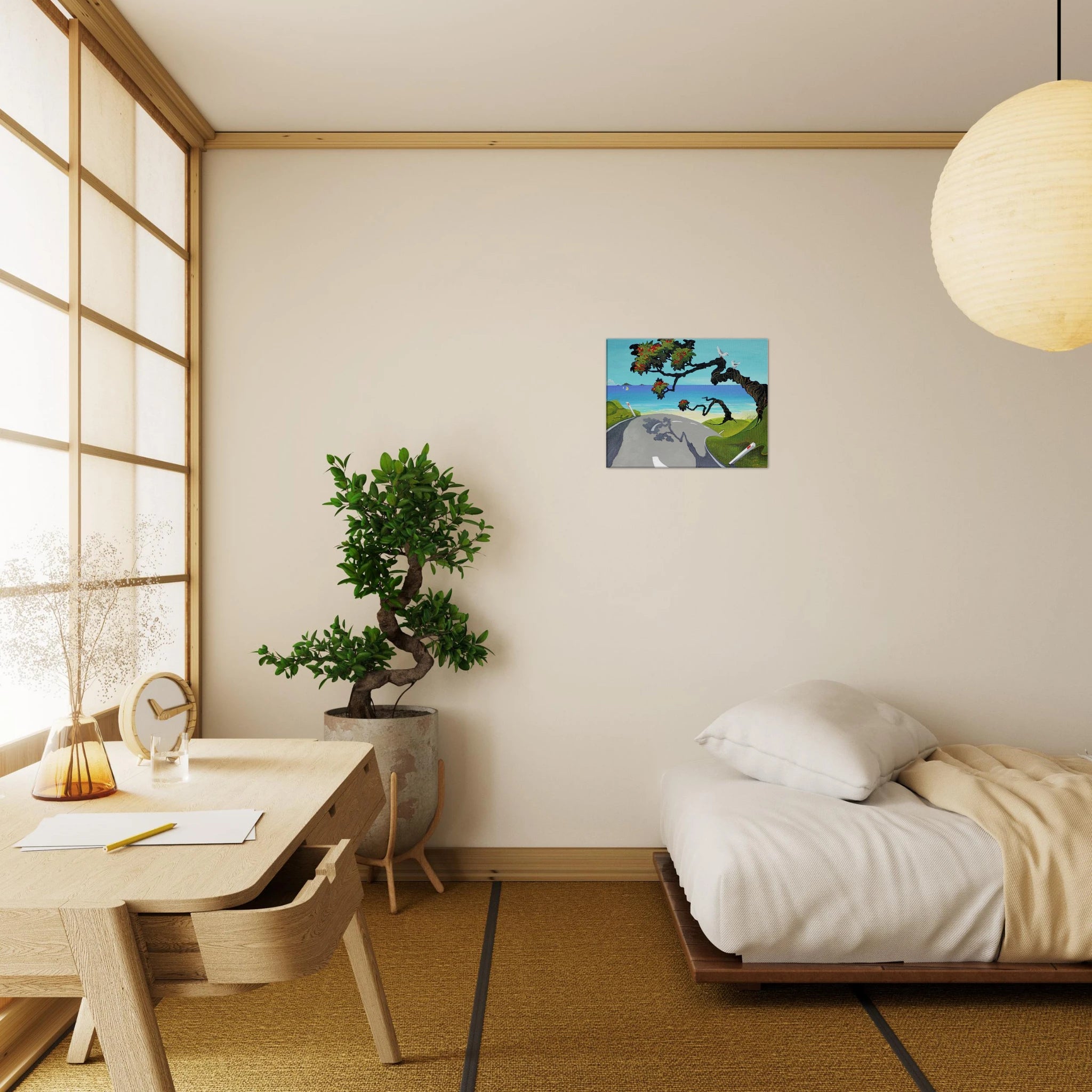 Square canvas print displayed on a beige wall above a low bed and beside a wooden desk