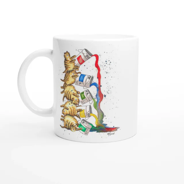 White mug with illustration of stacked tabby cats tipping paint cans