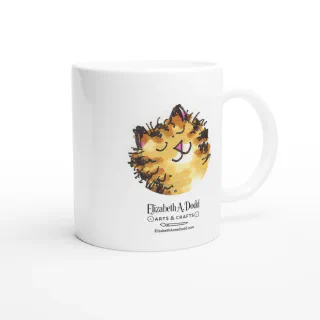 White mug with small cat face logo and Elizabeth A. Dodd Arts & Crafts text