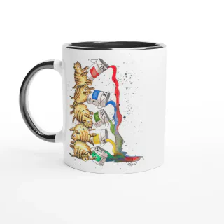 White mug with black handle and black interior featuring illustration of stacked tabby cats tipping paint cans