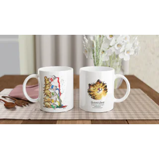 Two white mugs showing stacked tabby cats illustration and cat face logo on a table