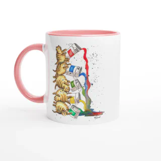 White mug with pink handle and black interior featuring illustration of stacked tabby cats tipping paint cans