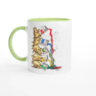 White mug with green handle and black interior featuring illustration of stacked tabby cats tipping paint cans