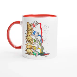 White mug with red handle and black interior featuring illustration of stacked tabby cats tipping paint cans