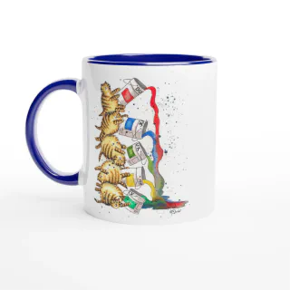 White mug with blue handle and black interior featuring illustration of stacked tabby cats tipping paint cans