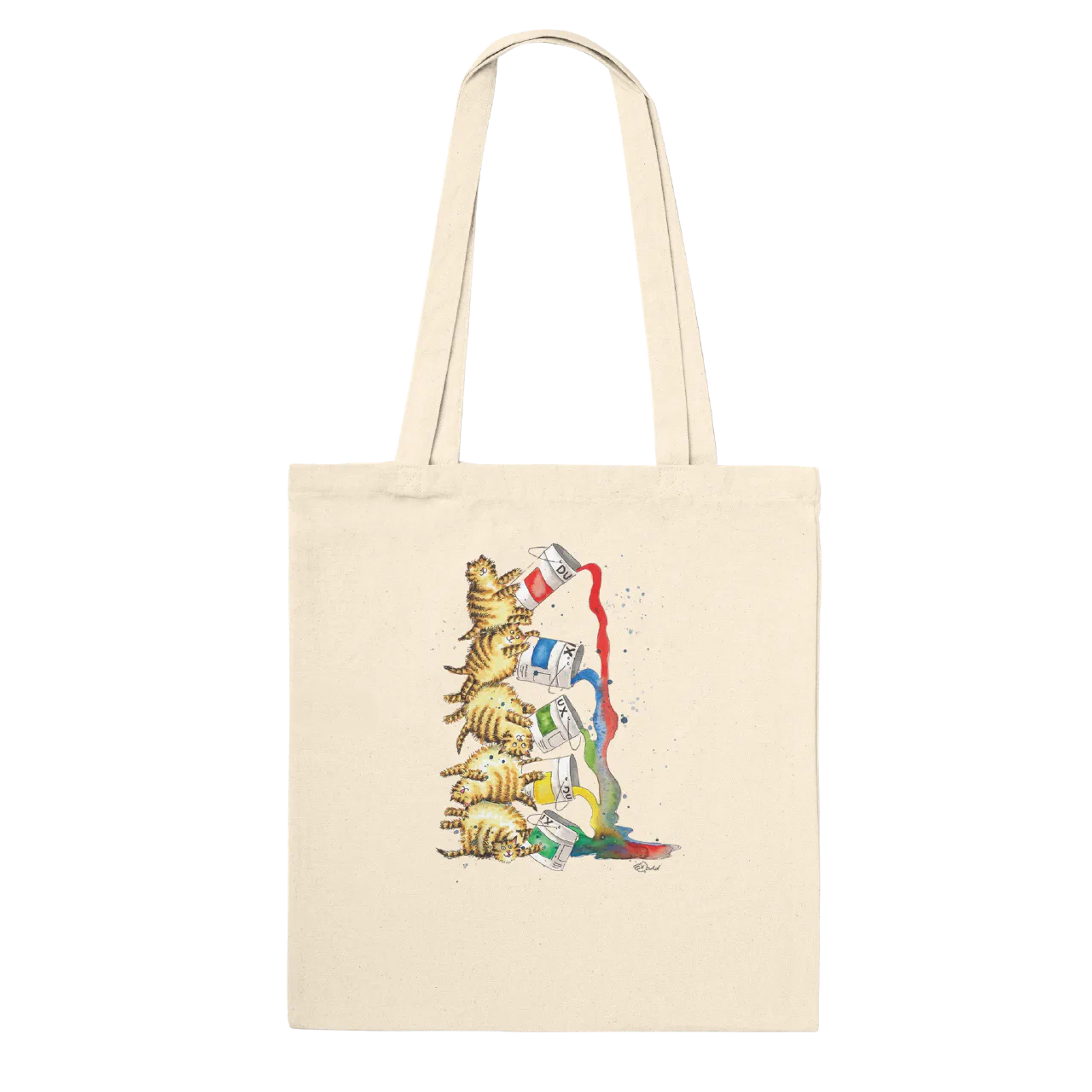 Natural tote bag with cats spilling paint design