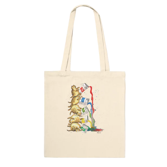 Natural tote bag with cats spilling paint design