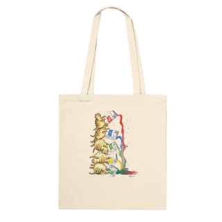 Natural tote bag with cats spilling paint design