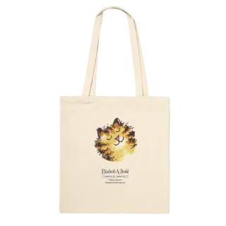 Angled natural tote bag with cats spilling paint design