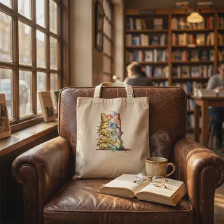 Tote bag resting on a leather armchair in a cozy bookstore cafe.
