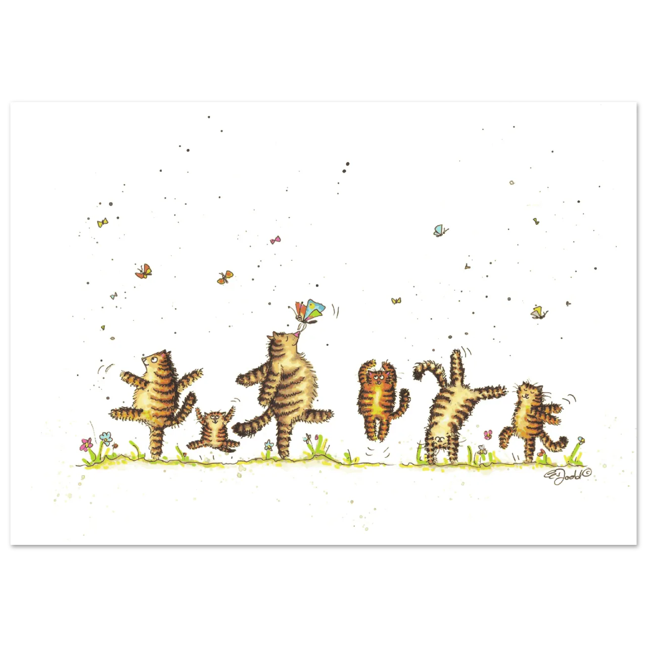 Illustration of tabby cats dancing among flowers and butterflies