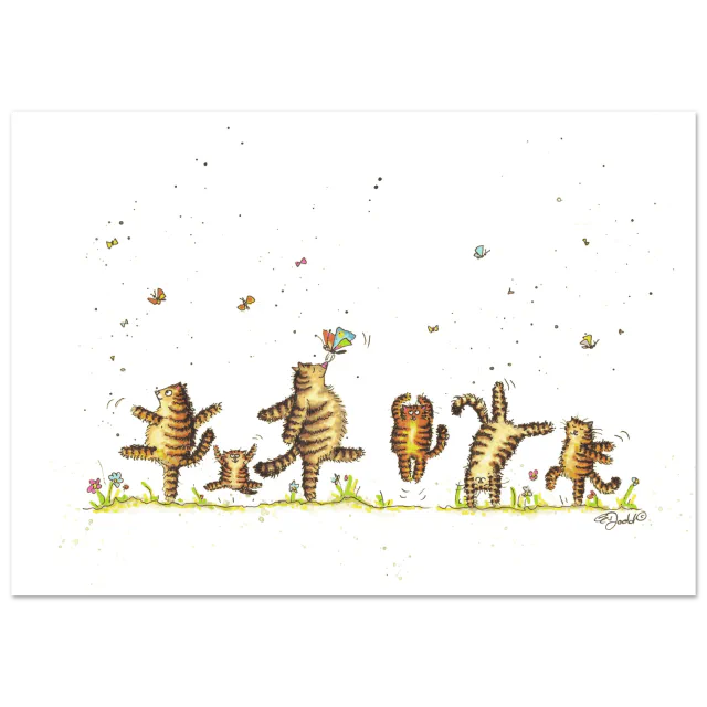 Illustration of tabby cats dancing among flowers and butterflies