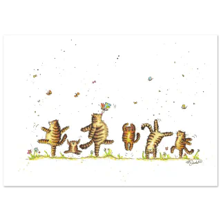 Illustration of tabby cats dancing among flowers and butterflies