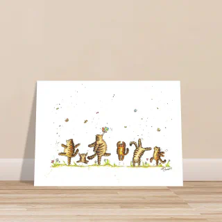 Large poster print with dancing tabby cats leaning against a beige wall