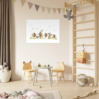 Large wall poster with dancing tabby cats above a bed