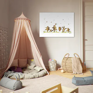 Small wall poster with dancing tabby cats beside a fabric play tent