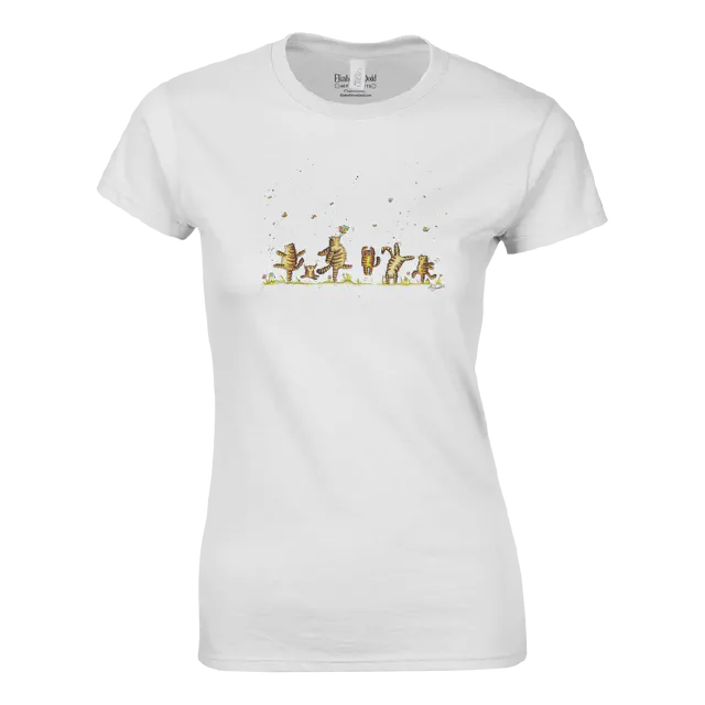 White womens crewneck t-shirt with dancing tabby cat illustration on the front