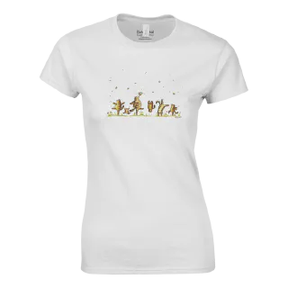White womens crewneck t-shirt with dancing tabby cat illustration on the front