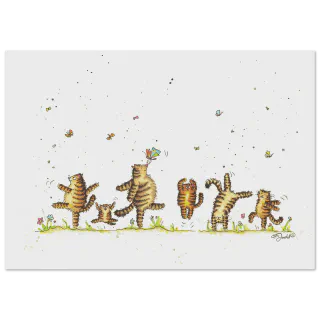 Dancing tabby cat illustration on a light background