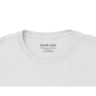 Close-up of white t-shirt collar with Elizabeth Anne Dodd label
