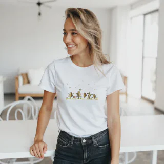 Woman seated wearing white t-shirt with dancing tabby cat illustration