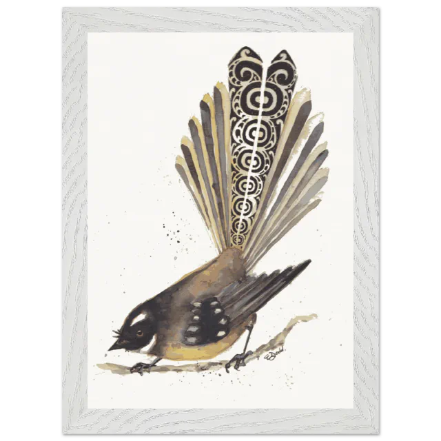 White framed print of a dark pīwakawaka with patterned tail feathers