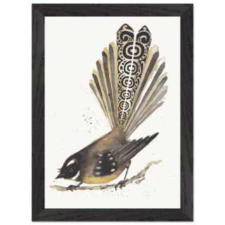 Black framed print of a dark pīwakawaka with patterned tail feathers