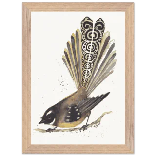 Wood framed print of a dark pīwakawaka with patterned tail feathers