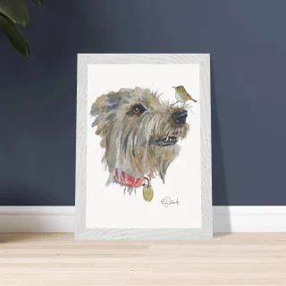 Framed print with a silvereye on a dog's nose