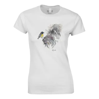White womens crewneck t-shirt with dog and bird illustration on the front