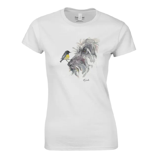 White womens crewneck t-shirt with dog and bird illustration on the front