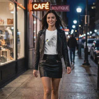 Woman in a night out wearing a white t-shirt with dog and bird illustration