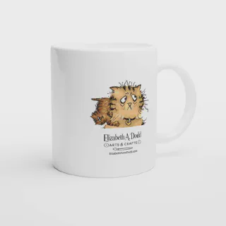 White ceramic mug with orange cat illustration and Elizabeth A. Dodd Arts & Crafts logo